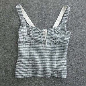 Reformation Shirt Womens 2 Green White Gingham Linen Sleeveless Smocked Top